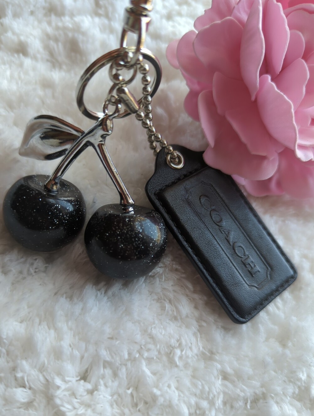 Coach XL Black Leather Hangtag With Unbranded Glitter Cherry Keychain Bag Charm
